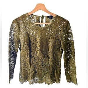 J. Crew Olive Green Lace Long Sleeve Top with Built-In Cami and Back Tie Keyhole